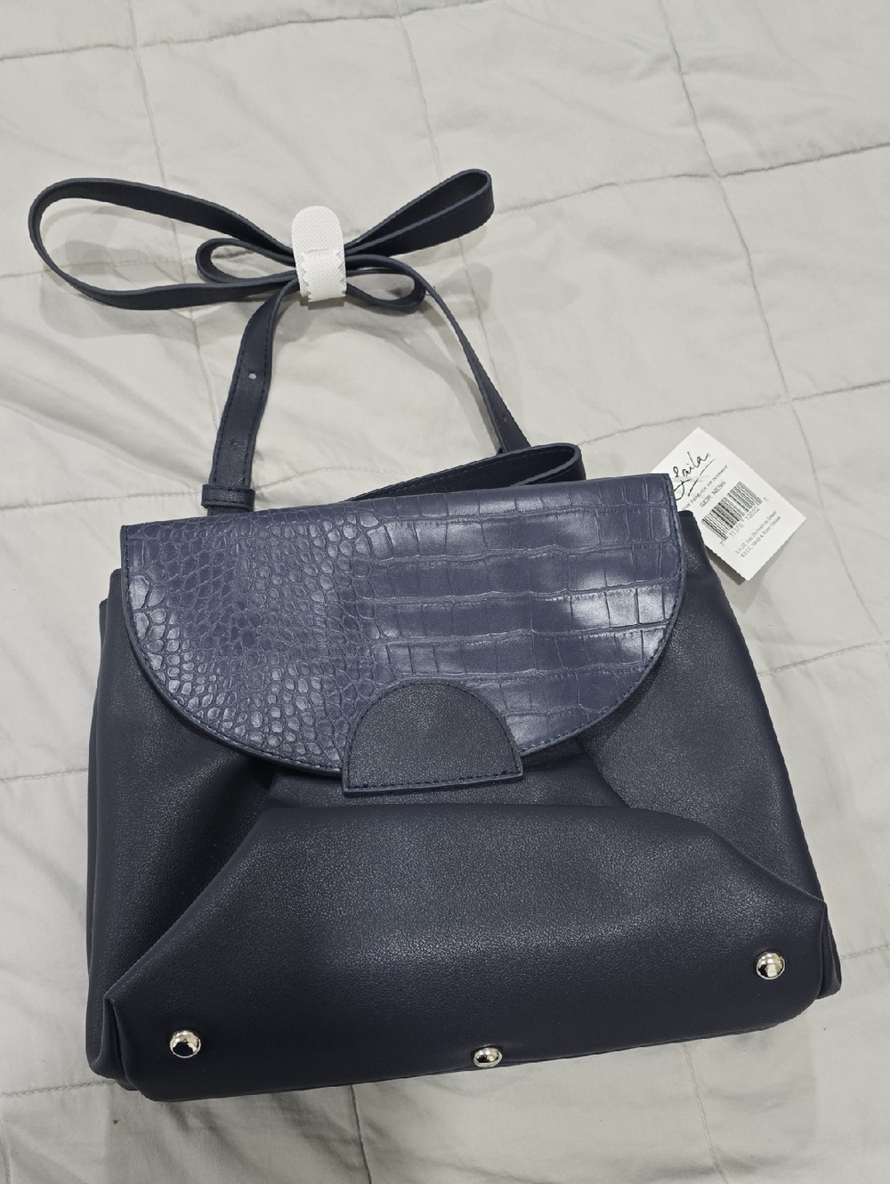 Women’s Navy Croc-Texture Flap Shoulder Bag